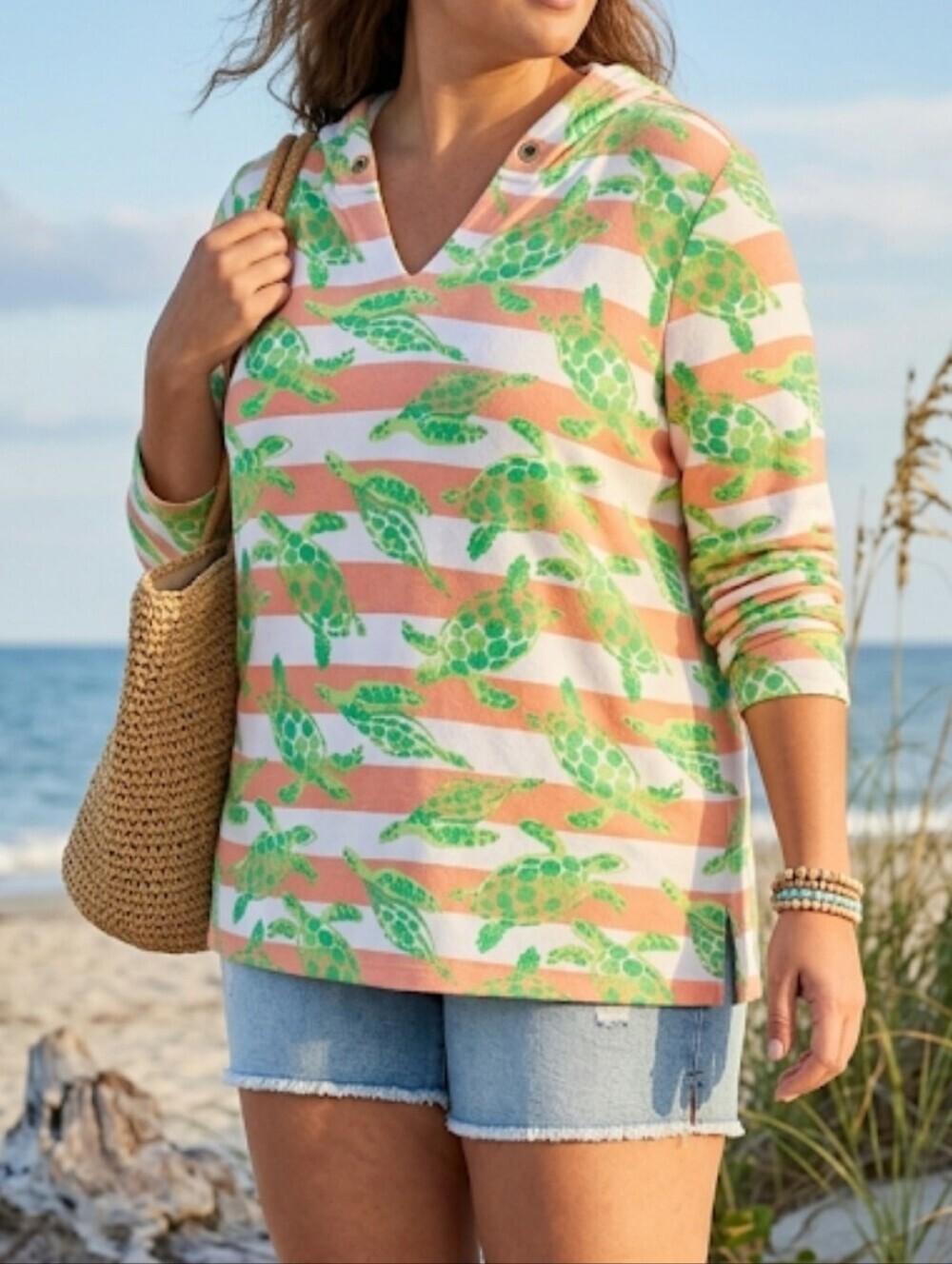 Crown & Ivy Hoodie Sea Turtle Striped Beach Top in Green & Coral 1X